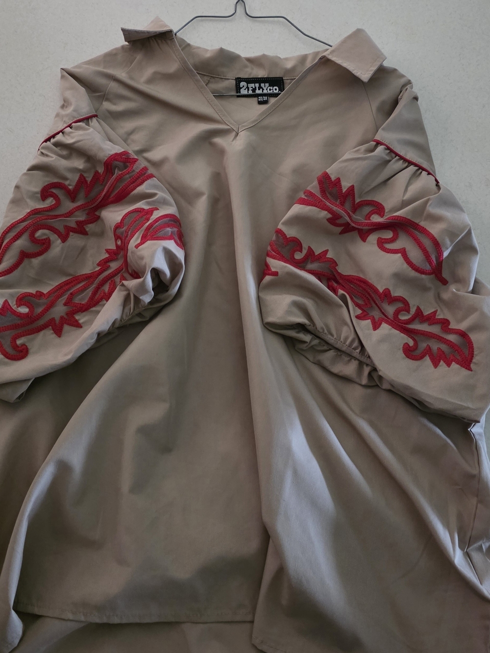 Neutral Beige Blouse with Red Embroidered Balloon Sleeves